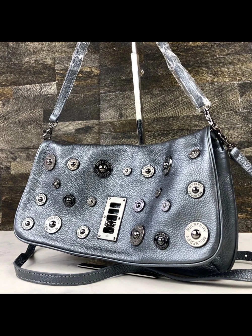 Mulberry Metallic Pewter Leather Shoulder Bag with Stud Embellishments